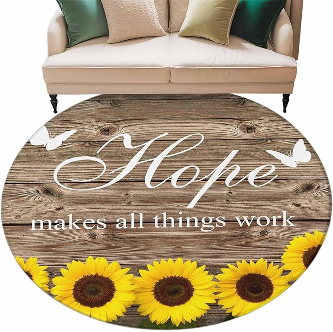 Washable Round Area Rug Farm Sunflower Positive Energy Quote Circle Rugs Floor Carpet for Living Room Bedroom, Retro Dark Brown Wood Grain Soft Non Slip Round Rug 5ft