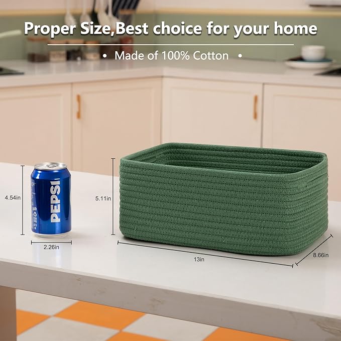 OIASKET 4 Pack Small Storage Shelf Baskets for Organizing, Mini Woven Rope Storage Bins for Towels, Cute Decorative Closet Organizer，Baby Nursery, Gift Empty Baskets -13''Lx8.66''Wx5.11''H-Green