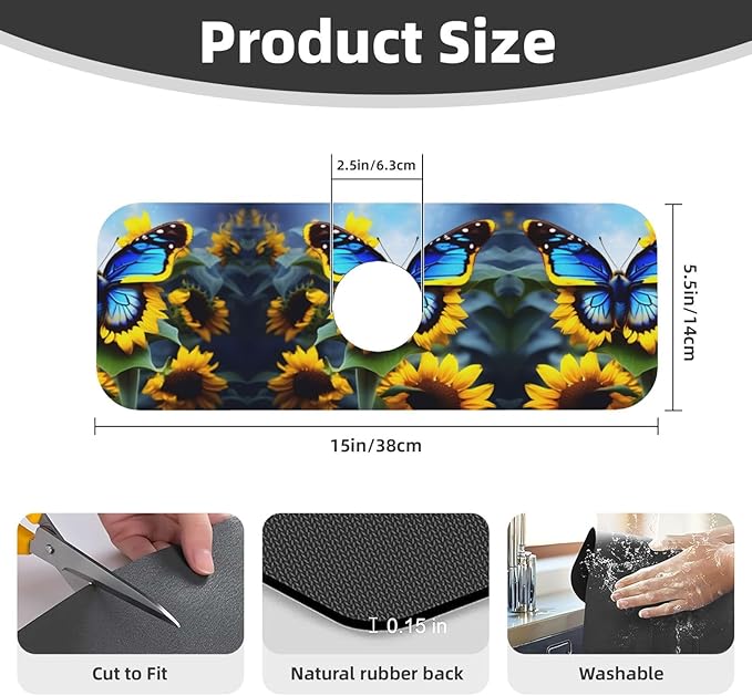 Sunflower Blue Butterfly Printed Faucet Absorbent mat, Suitable for bathrooms, Kitchens, and Other Sink Areas.