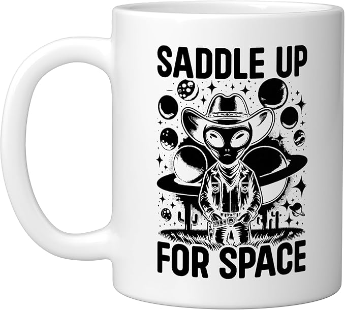 Alien Lover Flying Saucer UFO Extraterrestrial Cowboy Ceramic Mug, White