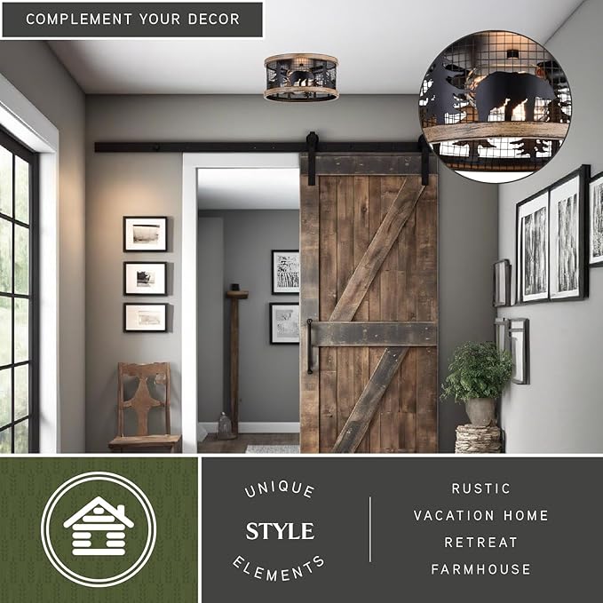 VAXCEL Kodiak 12 Inch Rustic Flush Mount Ceiling Light, Bear and Tree Motif, Dimmable Indoor Outdoor Lighting, Black and Burnished Teak Finish