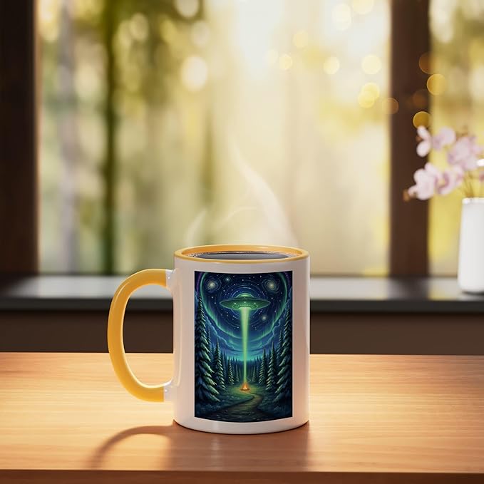 UFO in Forest Campfire Nature Camping Flying Saucer UAP Ceramic Mug, Yellow/White