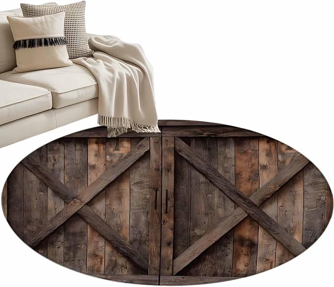 Washable Round Area Rug Vintage Farmhouse Barn Circle Rugs Floor Carpet for Living Room Bedroom, Country Wooden Plank Soft Non Slip Round Rug 3ft