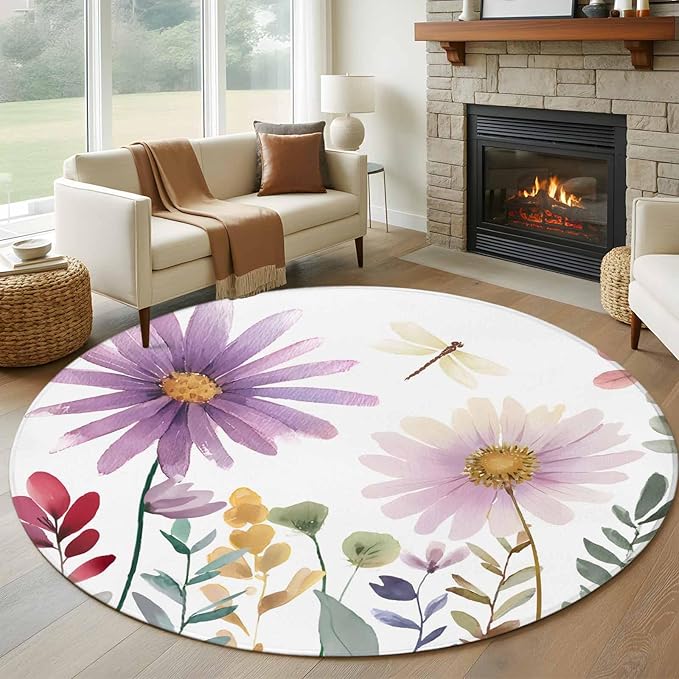 Washable Round Area Rug Country Field Purple Flowers Circle Rugs Floor Carpet for Living Room Bedroom, Farm Floral Art Soft Non Slip Round Rug 5ft