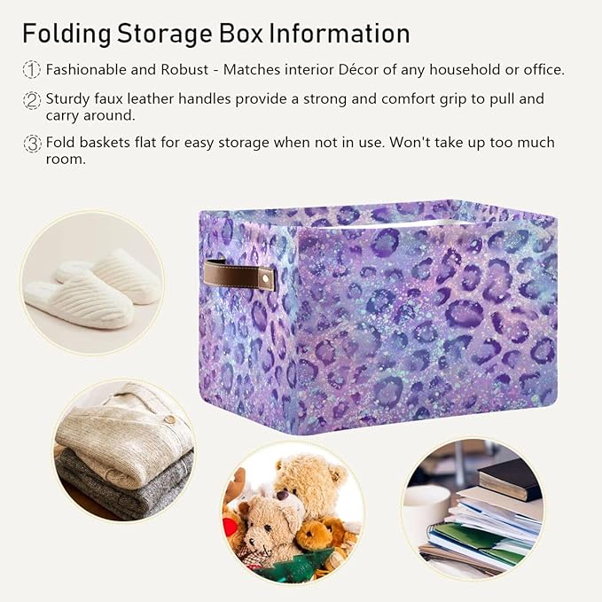 Glitter Leopard Purple Rectangular Storage Bin Basket with Handles - Nursery Storage Laundry Hamper Storage Baskets