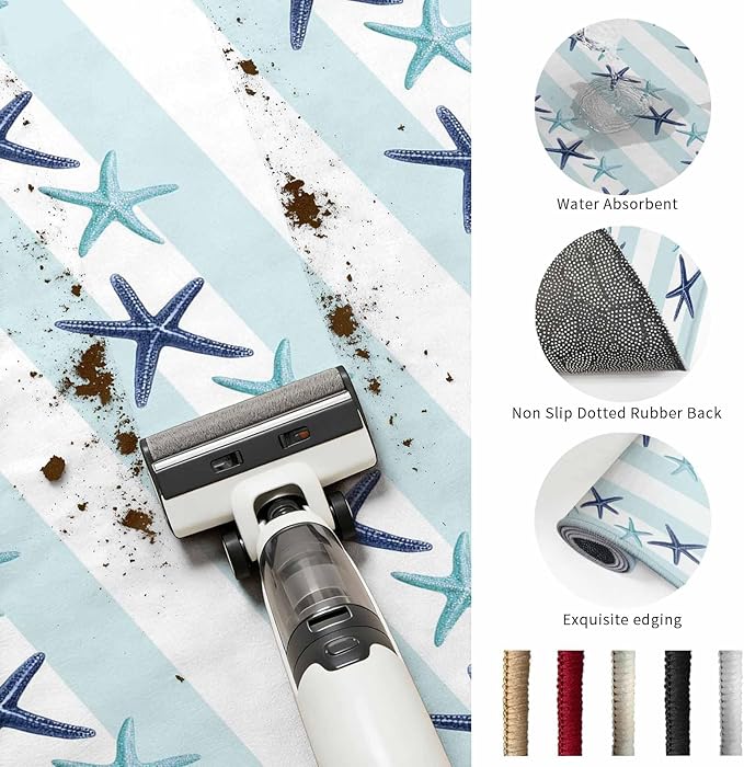 Washable Round Area Rug Summer Coastal Starfish Blue Teal Circle Rugs Floor Carpet for Living Room Bedroom, Watercolor Ocean Theme Stripe Soft Non Slip Round Rug 5ft