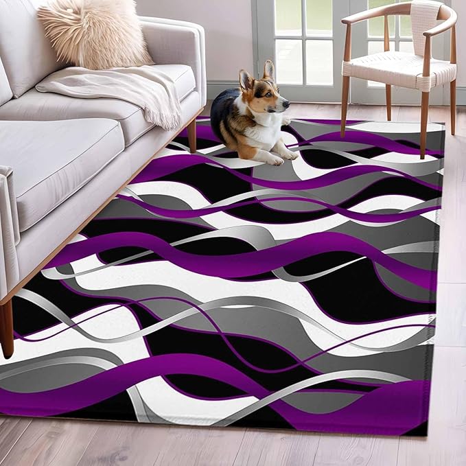 Area Rug 4x6ft, Abstract Purple Gray Black White Stripes Washable Rugs for Living Room Bedroom, Modern Lines Soft Non-Slip Area Rugs Rectangle Floor Carpet for Dining Room