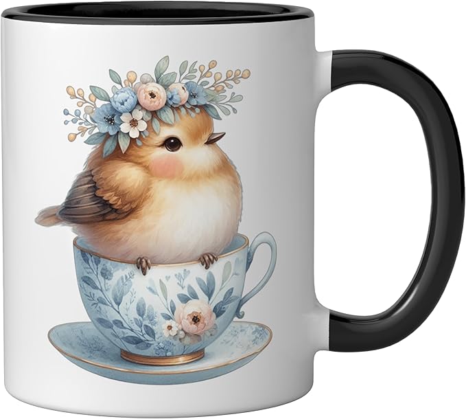 Cute Bird Floral Teacup Illustration Ceramic Mug, Black/White