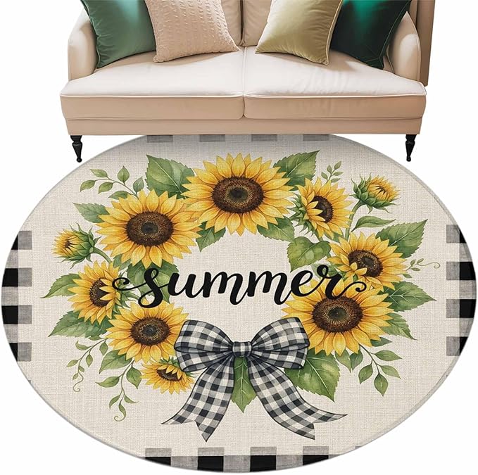Washable Round Area Rug Summer Words Farm Sunflowers Circle Rugs Floor Carpet for Living Room Bedroom, Butterflies Country Floral Soft Non Slip Round Rug 5ft