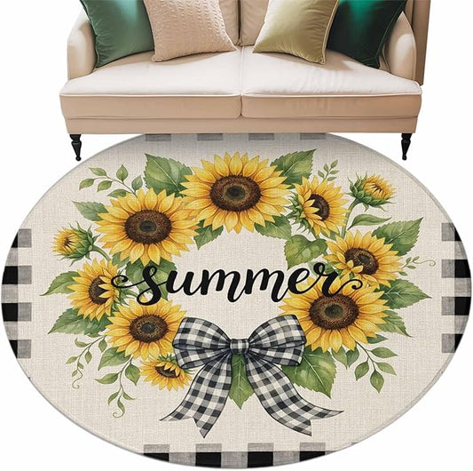 Washable Round Area Rug Summer Words Farm Sunflowers Circle Rugs Floor Carpet for Living Room Bedroom, Butterflies Country Floral Soft Non Slip Round Rug 5ft