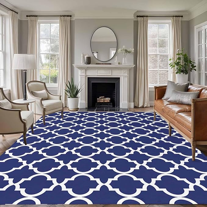 Area Rug 6x9ft, Navy Blue Moroccan Plaid Washable Rugs for Living Room Bedroom, White Line Buffalo Lattice Soft Non-Slip Area Rugs Rectangle Floor Carpet for Dining Room