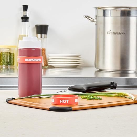 Restaurantware Silicone Squeeze Bottle Band 10 Count 2.75 Inch Dishwasher Safe Condiment Identification Band, Hot Red Non-Slip Label Band for Condiment Labeling at Restaurants, Food Trucks