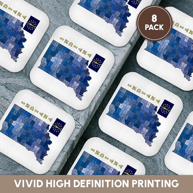 3dRose CST_185103_2 Flag and County Map the State of Indiana Counties Labeled, Colored Soft Coasters (Set of 8)