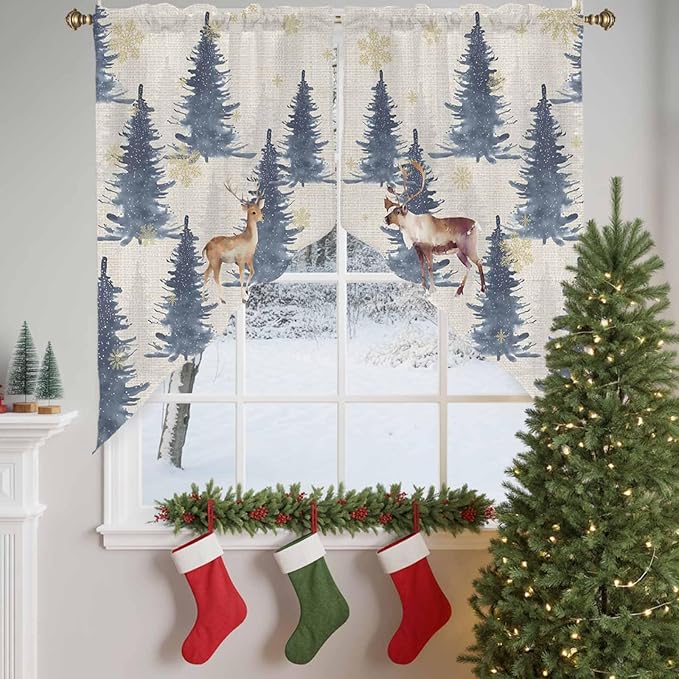 Christmas Deer Swag Valance Curains Elk in Forest Blue Trees Snowflake Linen Sole Rod Pocket Kitchen Curtains Scalloped Window Treatment Valances Swag for Living Room Bedroom, 1 Pair, 36"W x 45"L