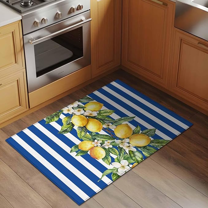 Area Rug 2x3ft, Summer Lemon Green Leaves Watercolor Washable Rugs for Living Room Bedroom, Blue Stripe Soft Non-Slip Area Rugs Rectangle Floor Carpet for Dining Room