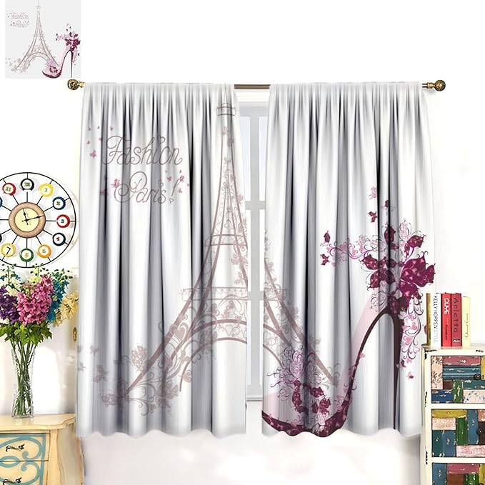 High Heel Shoe Curtains, Girls Lady Floral Eiffel Tower Cloth Farbic Window Treatment Curtains Bedroom Dining Room Living Room Office Kitchen Cafe Drapes, 52x96 in