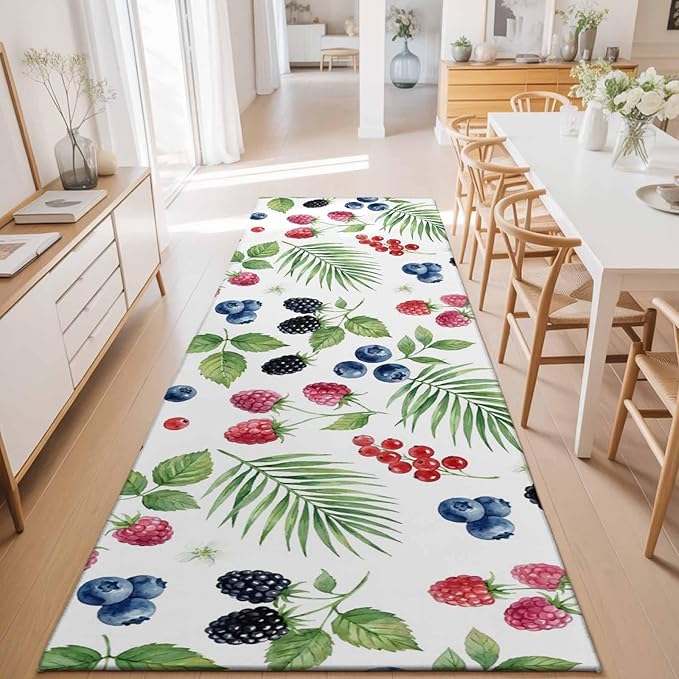Runner Rug for Bedroom Hallway, Farm Fruit Berry Cherry Blueberry Kitchen Runner Rugs Area Rug 2x6ft, Watercolor Mulberry Leaves Washable Soft Floor Carpet for Entryway Stair
