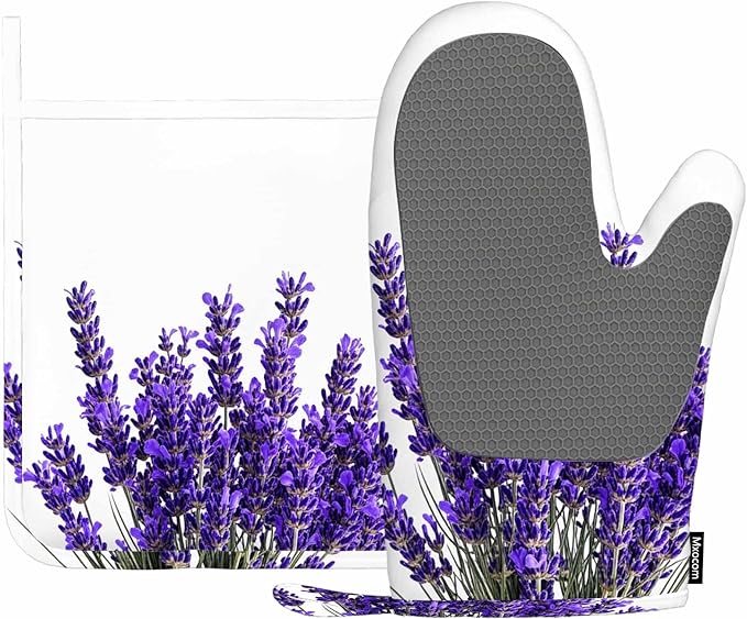 Mxocom Lavender Flowers Oven Mitts and Pot Holders Sets Purple Blooming Flower Silicone Heat Resistant Kitchen Oven Gloves Pot Holder for Cooking