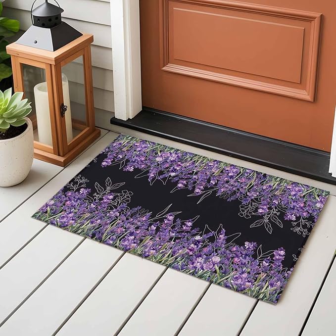 Area Rug 2x3ft, Spring Purple Lavender Flower Washable Rugs for Living Room Bedroom, Watercolor Floral on Black Soft Non-Slip Area Rugs Rectangle Floor Carpet for Dining Room