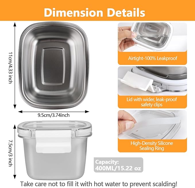 5 Pack Stainless Steel Food Storage Containers with Lids - 15.22 oz Small Snack Boxes & Lunch Containers, Shatterproof Leakproof Freezer Safe Meal Prep Containers for Portioning Snacks, Dips
