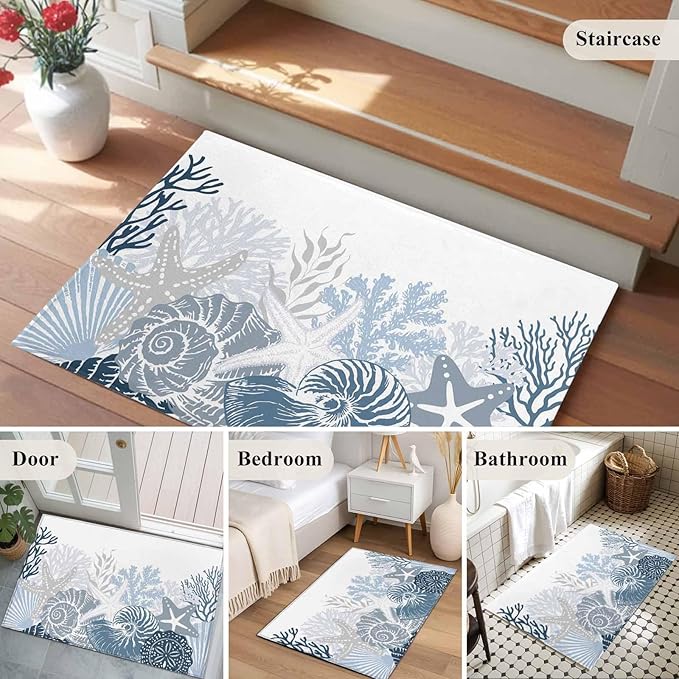 Area Rug 2x3ft, Underwater Blue Shells Starfish Coral Washable Rugs for Living Room Bedroom, Summer Botantical Soft Non-Slip Area Rugs Rectangle Floor Carpet for Dining Room