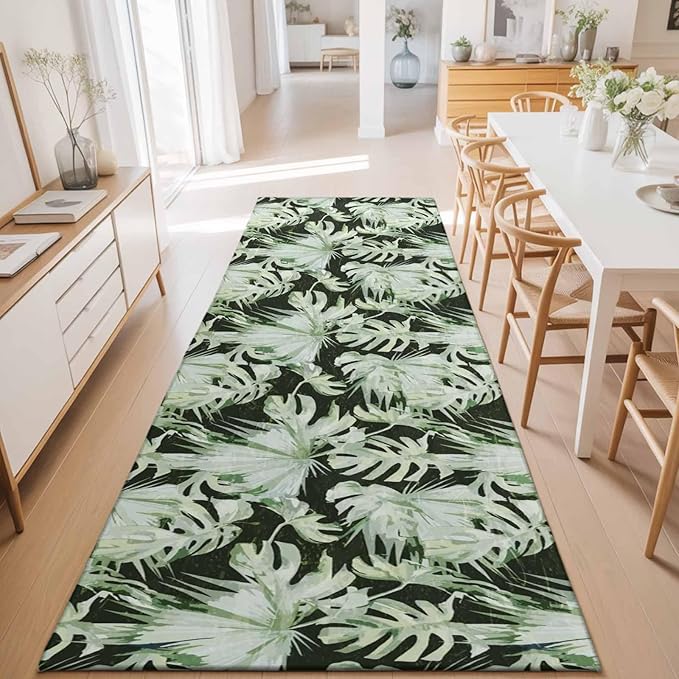 Runner Rug for Bedroom Hallway, Abstract Dark Green Palm Leaves Kitchen Runner Rugs Area Rug 2x6ft, Watercolor Plants Washable Soft Floor Carpet for Entryway Stair