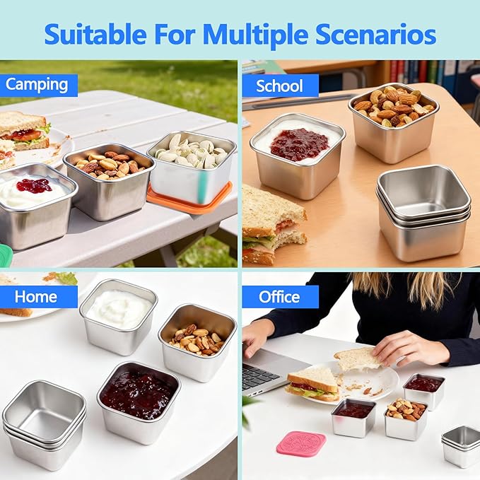 8 Pack Stainless Steel Snack Containers - 6oz Reusable & Small Containers With Lids, 304 Metal Stackable Snack Cups, Lunchable Snack Containers for School, Travel, Picnic