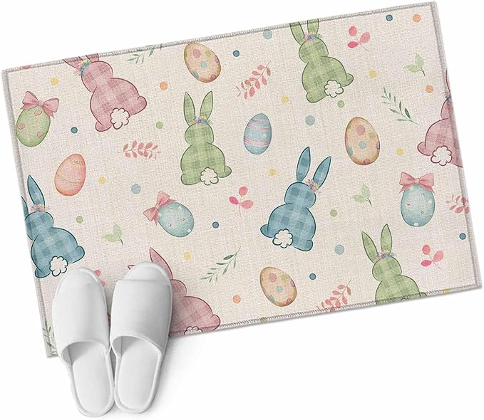 Area Rug 2x3ft, Happy Easter Cute Plaid Bunny Washable Rugs for Living Room Bedroom, Colorful Egg Leaves Farm Linen Soft Non-Slip Area Rugs Rectangle Floor Carpet for Dining Room
