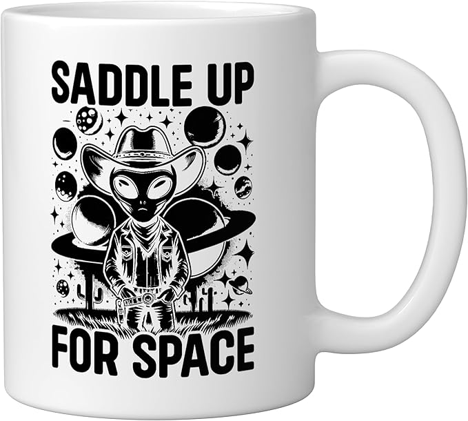 Alien Lover Flying Saucer UFO Extraterrestrial Cowboy Ceramic Mug, White
