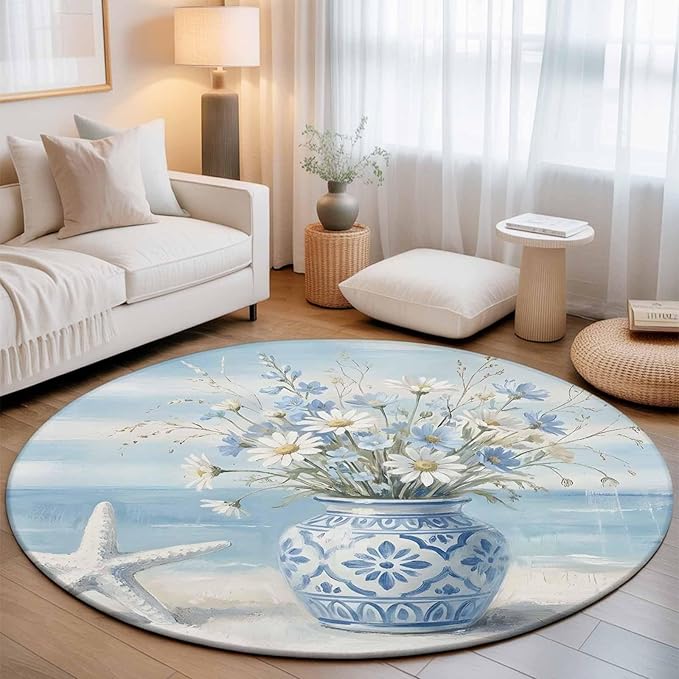 Washable Round Area Rug Summer Beach Starfish Flower Circle Rugs Floor Carpet for Living Room Bedroom, Marine Theme Daisy Vase Soft Non Slip Round Rug 3ft
