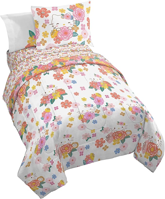 Jay Franco Hello Kitty Full Size Comforter Set - 7 Piece Bedding Includes Sheet Set & Pillow Covers - Super Soft Floral Bedding