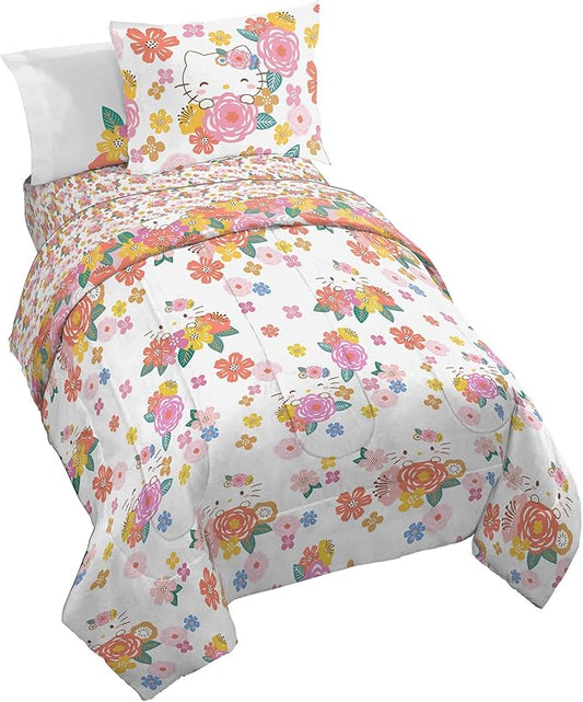 Jay Franco Hello Kitty Full Size Comforter Set - 7 Piece Bedding Includes Sheet Set & Pillow Covers - Super Soft Floral Bedding