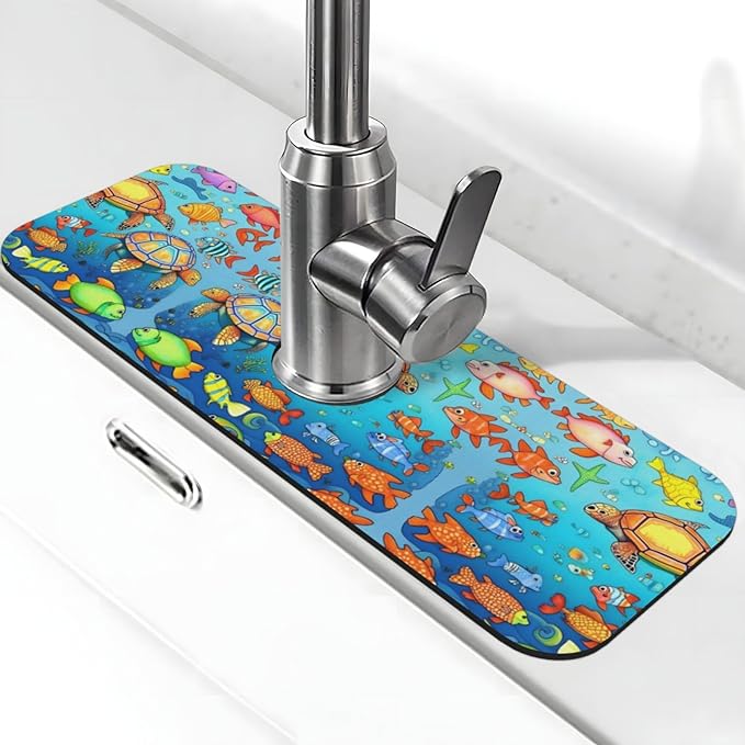 Turtle and Fish Printed Faucet Absorbent mat, Suitable for bathrooms, Kitchens, and Other Sink Areas.