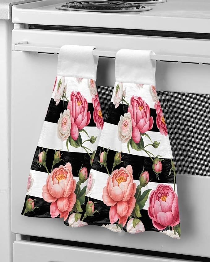 Alandar Home Kitchen Tie Towel Set of 1, Country Pink Rose Flowers Absorbent Soft Hand Towels for Bathroom Hanging Towels, Floral on Black White Striped Fast Drying Cleaning Cloth with Loop