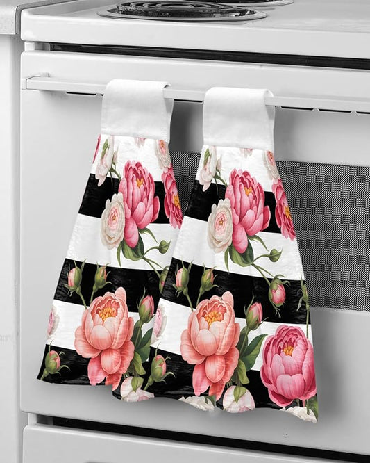 Alandar Home Kitchen Tie Towel Set of 2, Country Pink Rose Flowers Absorbent Soft Hand Towels for Bathroom Hanging Towels, Floral on Black White Striped Fast Drying Cleaning Cloth with Loop