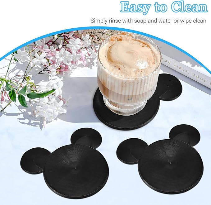 Funny Mouse Ears Coasters Non-Slip Black Drink Coasters for Bars, Party, Office, Home Decor Tabletop Protection Birthday Wedding Housewarming Easter Gifts Ideas - Set of 4