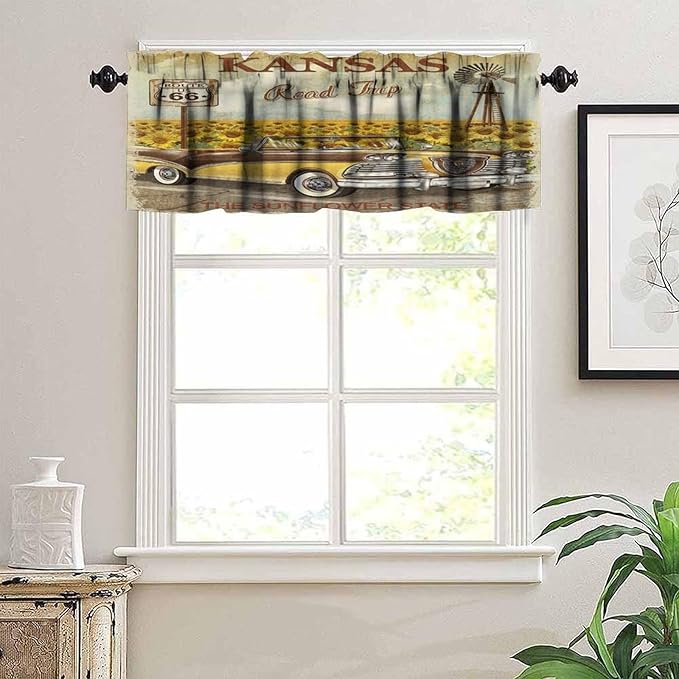 Retro Car Valance Curtain American Vintage Classic Old Car with Sunflowers Print Rod Pocket Valance Window Treatments Short Curtains for Kitchen Bathroom Farmhouse 54x18inch