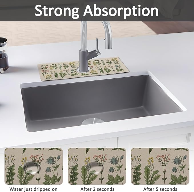 15" X 5.5" Kitchen Sink Splash Guard Faucet Mat Floral Super Absorbent Fast Drying Faucet Guard & Draining Mat Sink Splash Guard Behind Faucet for Kitchen, Bathroom
