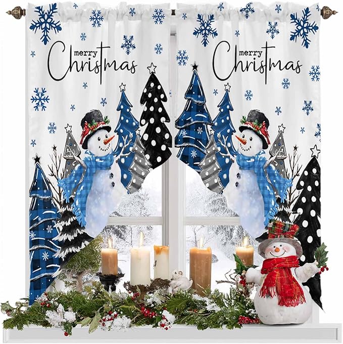 Prime Leader Merry Christmas Swag Valance Curains Snowflake Blue Xmas Tree Snowman Rod Pocket Kitchen Curtains Scalloped Window Treatment Valances Swag for Living Room Bedroom, 1 Pair, 36" W x 45" L