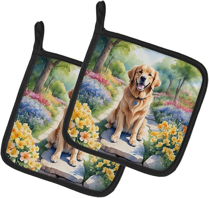 Caroline's Treasures Golden Retriever Spring Path Pair of Pot Holders Kitchen Heat Resistant Pot Holders Sets Oven Hot Pads for Cooking Baking BBQ, 7 1/2 x 7 1/2
