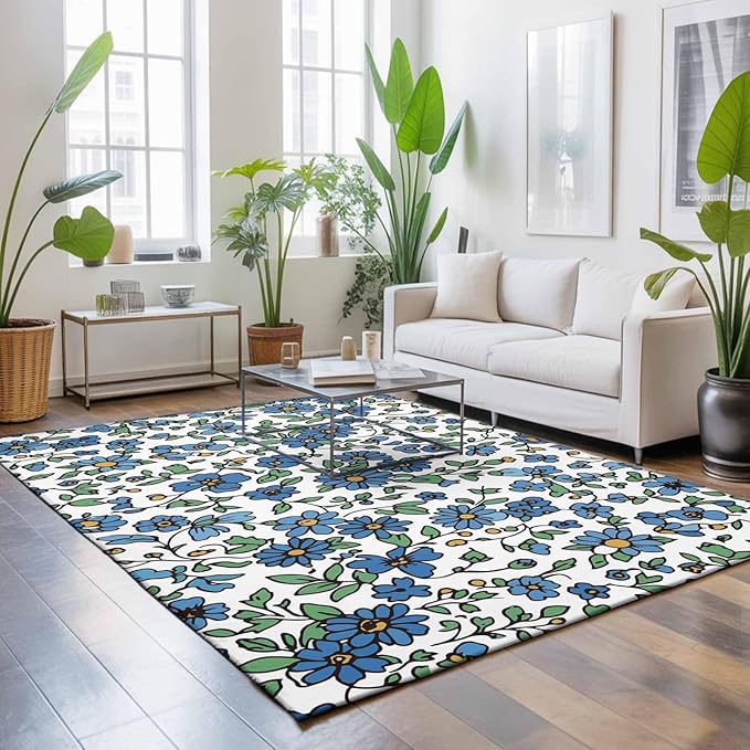 Area Rug 3x5ft, Blue Tiny Flowers Green Leaves Washable Rugs for Living Room Bedroom, Farmhouse Botanical Soft Non-Slip Area Rugs Rectangle Floor Carpet for Dining Room