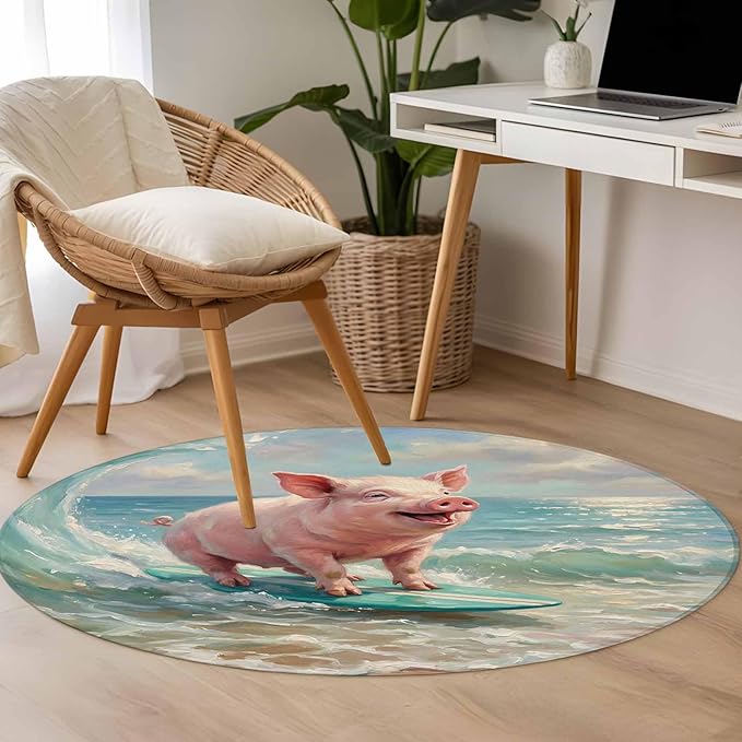 Washable Round Area Rug Surfing Farm Pink Pig Circle Rugs Floor Carpet for Living Room Bedroom, Summer Blue Sea Wave Beach Soft Non Slip Round Rug 4ft