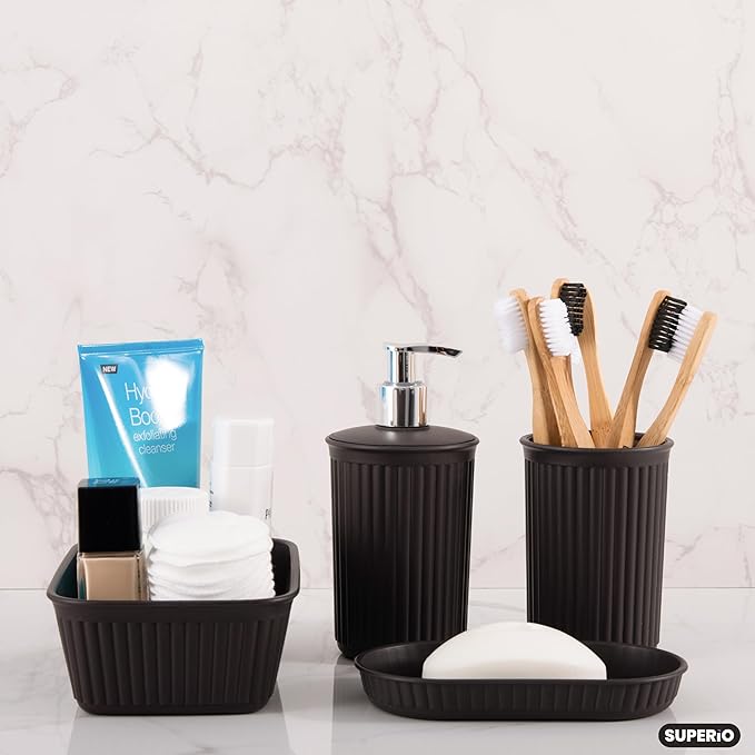 Decorative Plastic Bathroom Accessories Set, Brown (Set of 4) Soap Dish, Liquid Dispenser, Toothbrush Holder Cup, Vanity Organizer Tray - Bath Accessory Countertop Decor Gift - Ribbed Design