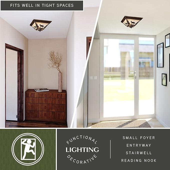 VAXCEL Bryce 14 Inch Flush Mount Rustic Ceiling Light, Deer Silhouette, Dimmable Indoor Outdoor Lighting, Burnished Bronze Finish, Amber Flake Glass