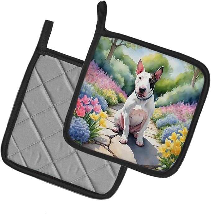 Caroline's Treasures English Bull Terrier Spring Path Pair of Pot Holders Kitchen Heat Resistant Pot Holders Sets Oven Hot Pads for Cooking Baking BBQ, 7 1/2 x 7 1/2