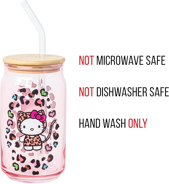 Silver Buffalo Sanrio Hello Kitty in Leopard Print Outfit and Leopard Cat Print Pattern Pink Glass Jar Tumbler with Bamboo Lid and Glass Straw, 16 Ounces