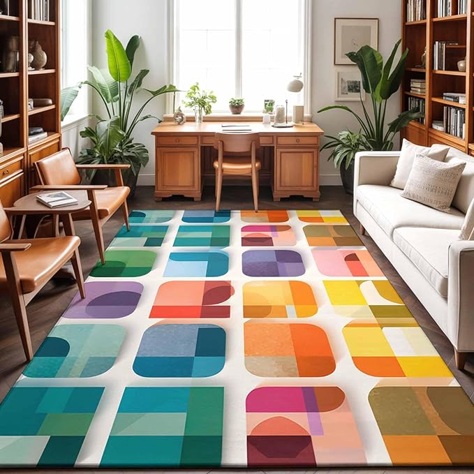 Area Rug 3x5ft, Modern Geometric Squares Washable Rugs for Living Room Bedroom, Colorful Abstract Art Soft Non-Slip Area Rugs Rectangle Floor Carpet for Dining Room