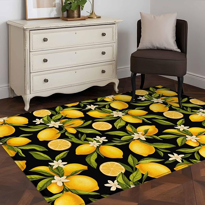 Area Rug 3x5ft, Summer Lemon Flower Washable Rugs for Living Room Bedroom, Plant on Black Soft Non-Slip Area Rugs Rectangle Floor Carpet for Dining Room