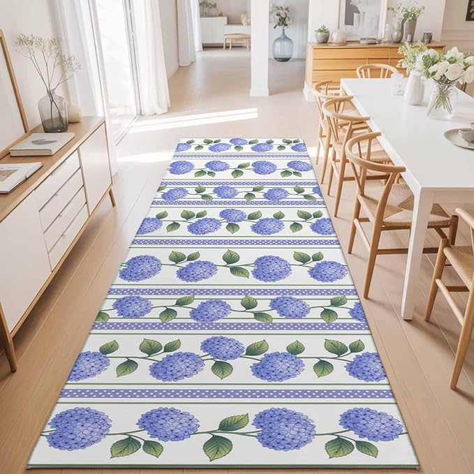 Runner Rug for Bedroom Hallway, Garden Purple Hydrangea Flower Kitchen Runner Rugs Area Rug 2x6ft, Watercolor Floral Leaves Washable Soft Floor Carpet for Entryway Stair