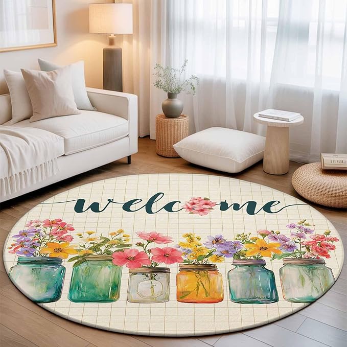 Washable Round Area Rug Summer Pastoral Flower Buffalo Plaid Circle Rugs Floor Carpet for Living Room Bedroom, Rustic Blossom Floral Soft Non Slip Round Rug 5ft